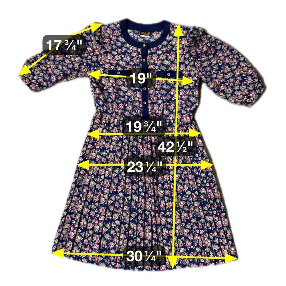 Vintage Floral Pleated Dress Navy Blue Pink Rose 80s Union Made USA Button Front - Picture 9 of 9